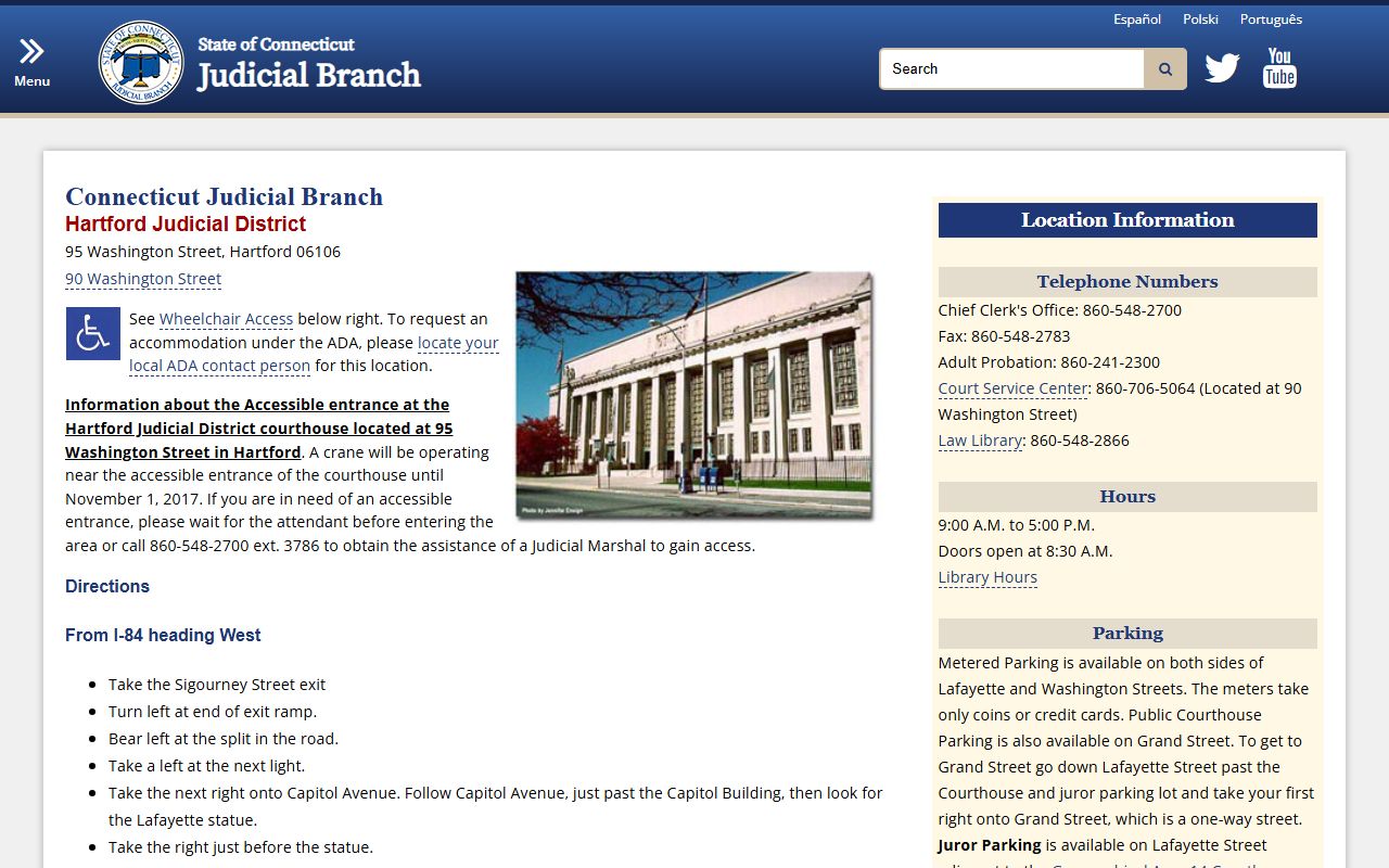 Hartford County traffic ticket court directions map and parking information for Hartford Judicial District