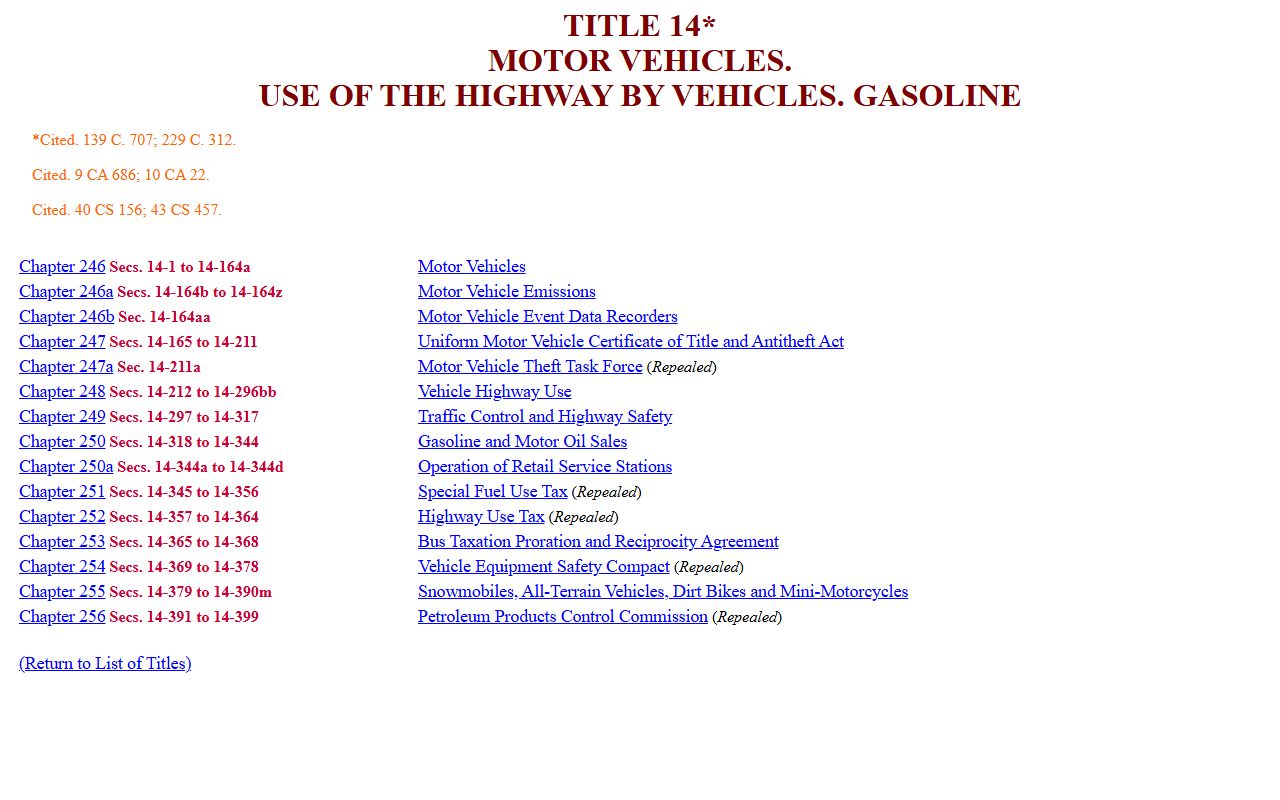 Connecticut General Statutes Title 14 covering motor vehicle laws