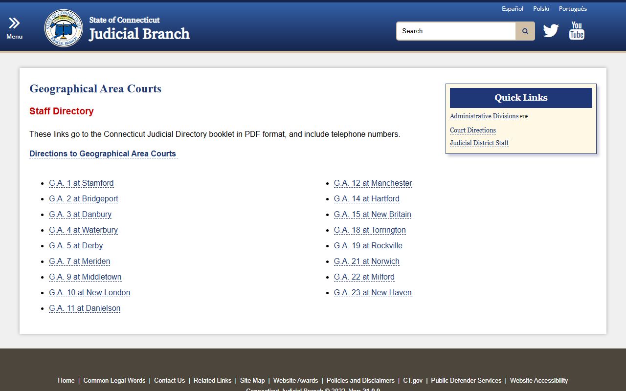 Connecticut Geographical Area Courts directory listing all traffic court locations