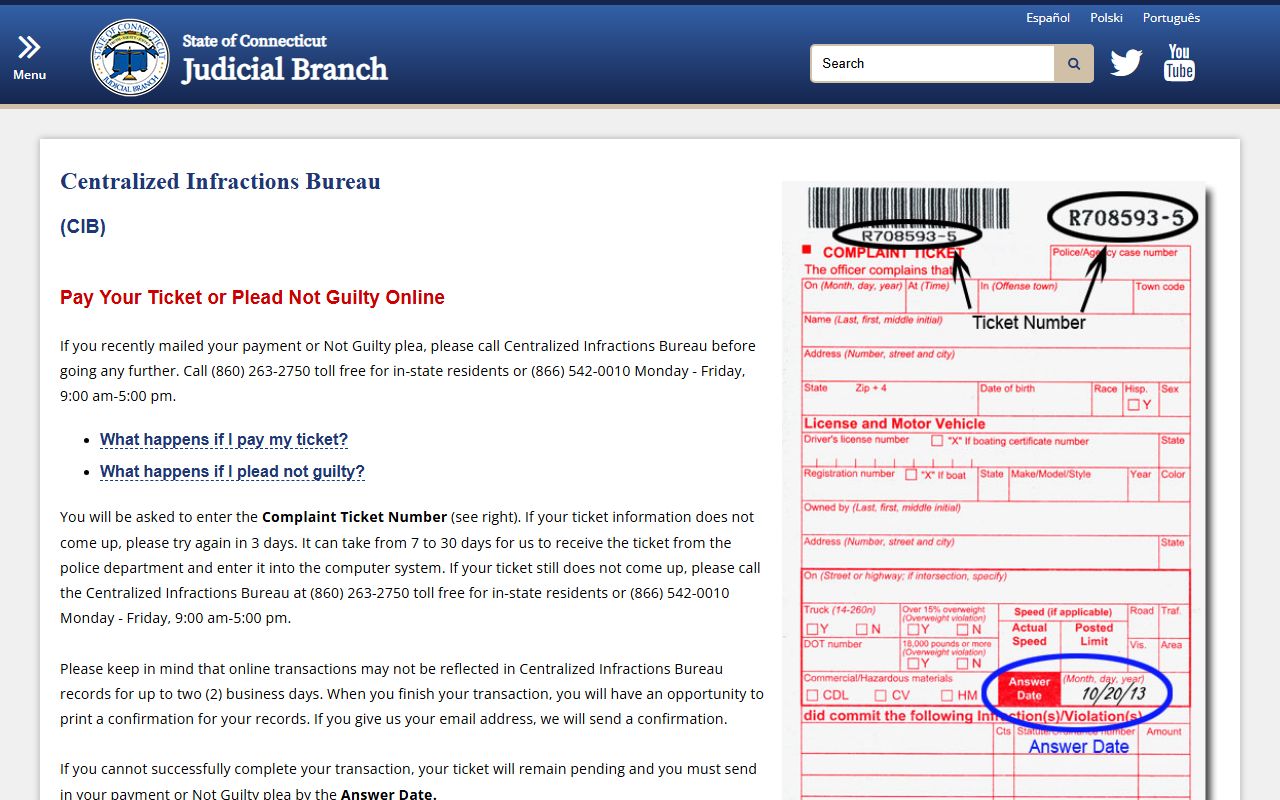 Connecticut Centralized Infractions Bureau ticket payment portal